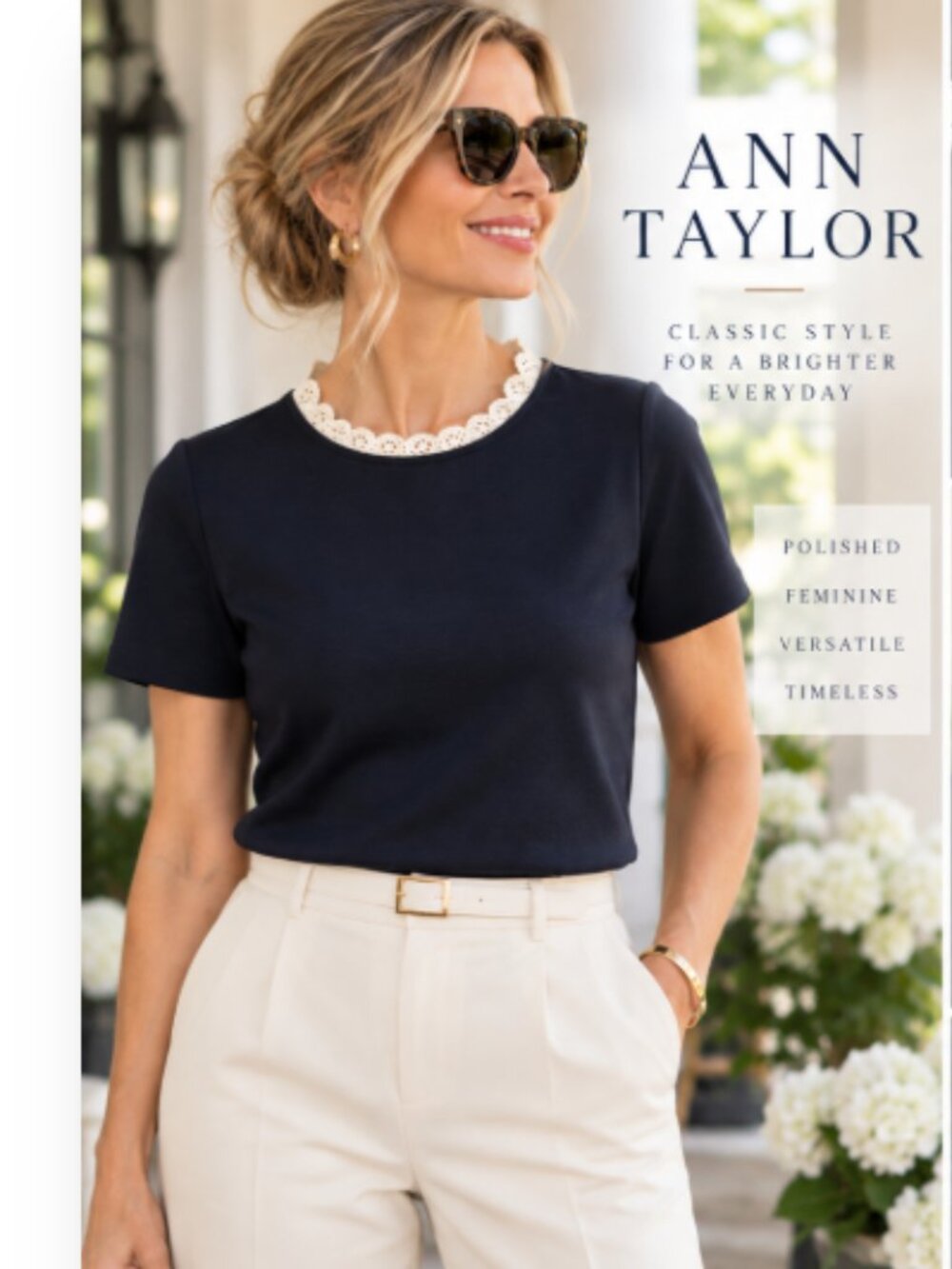 Ann Taylor Navy Stretch Knit Top Eyelet Collar Medium